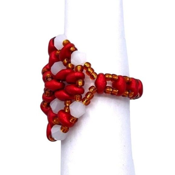 Velvet Red with Bronze and Opal White Crystal Beaded Statement Ring Size 9 - Picture 3 of 8